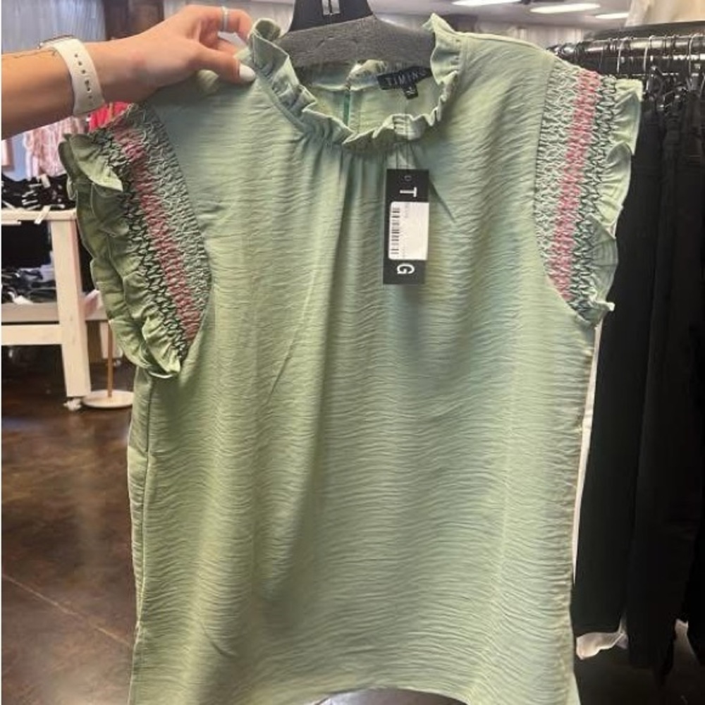 Timing Green Ruffled Smocked Cap Sleeve Blouse